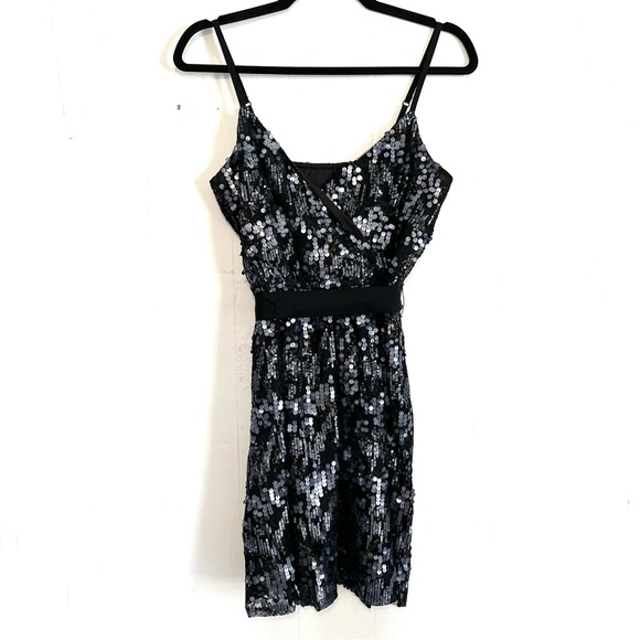 Express Navy Sequin Surplice Neck Mini Dress Small Black Gold MSRP $128 - Picture 1 of 4